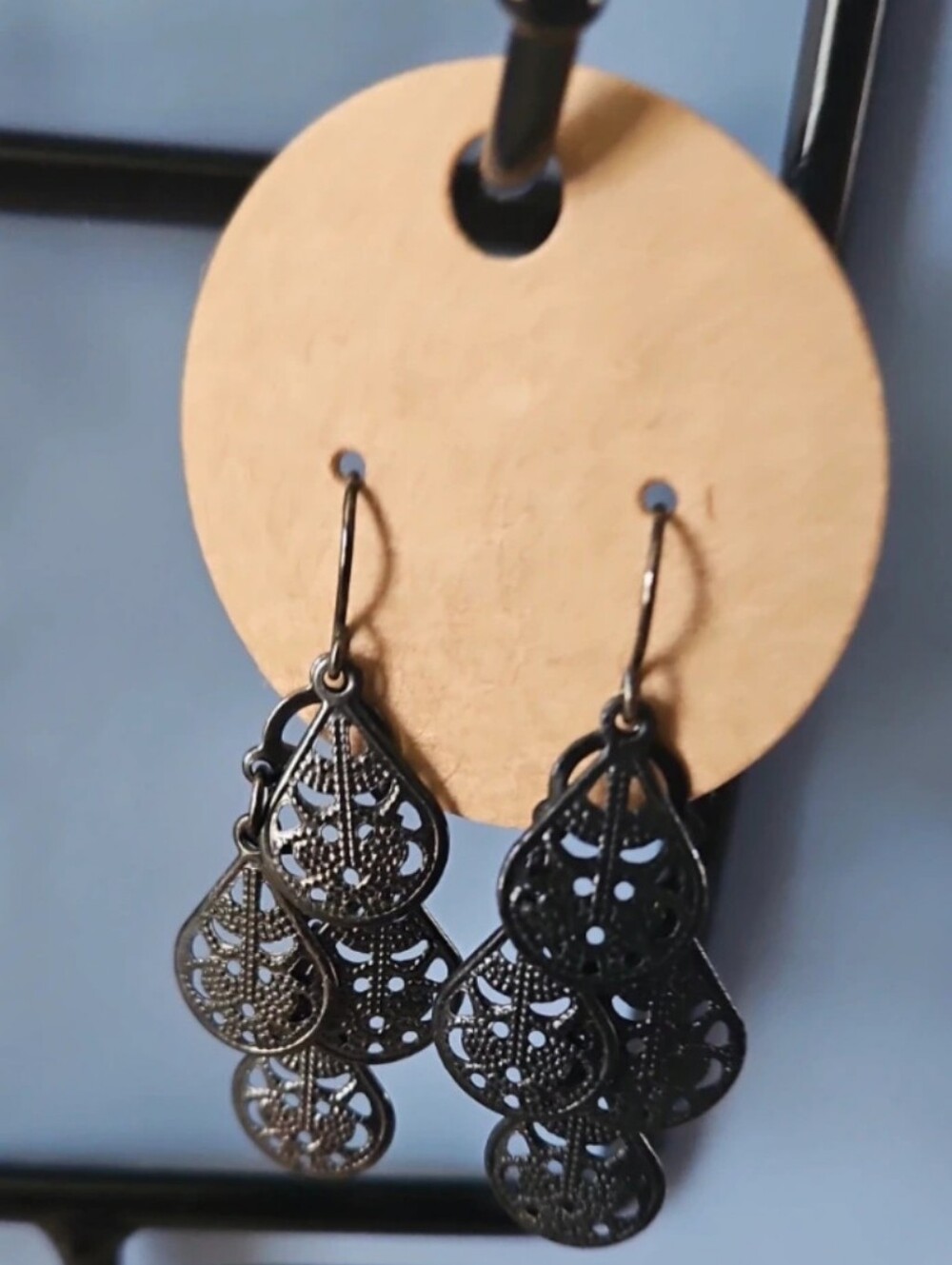 Black Filigree Teardrop Dangle Earrings Lightweight Boho